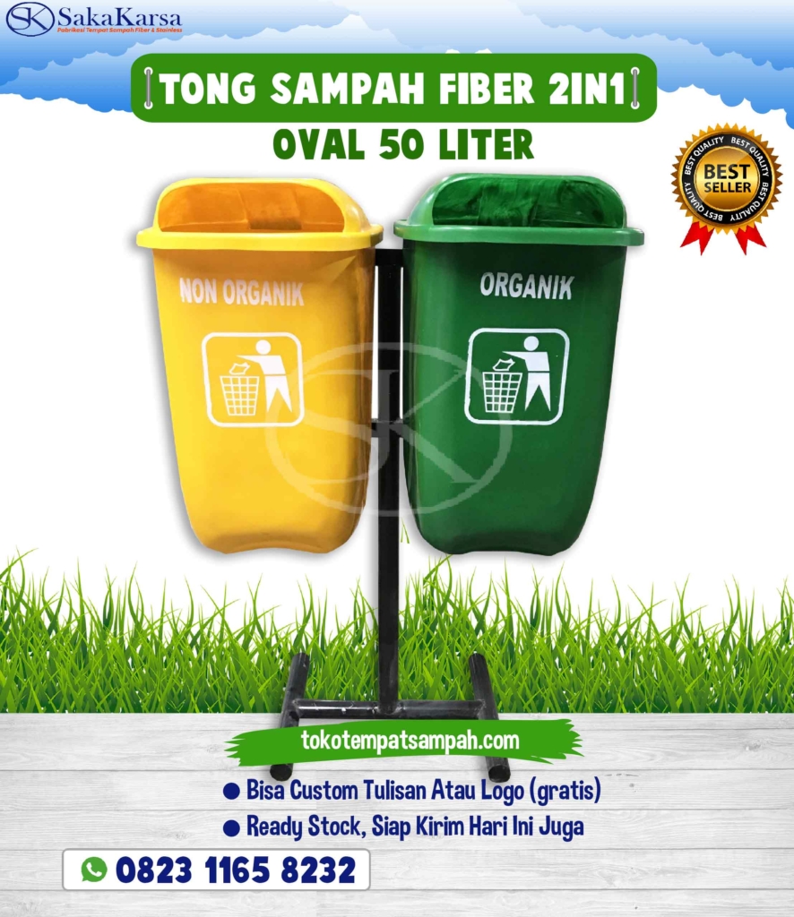 tong sampah fiber 2in1 oval, tempat sampah fiber 2 pilah organik nonorganik, tempat sampah fiber oval 2 pilah 50 liter