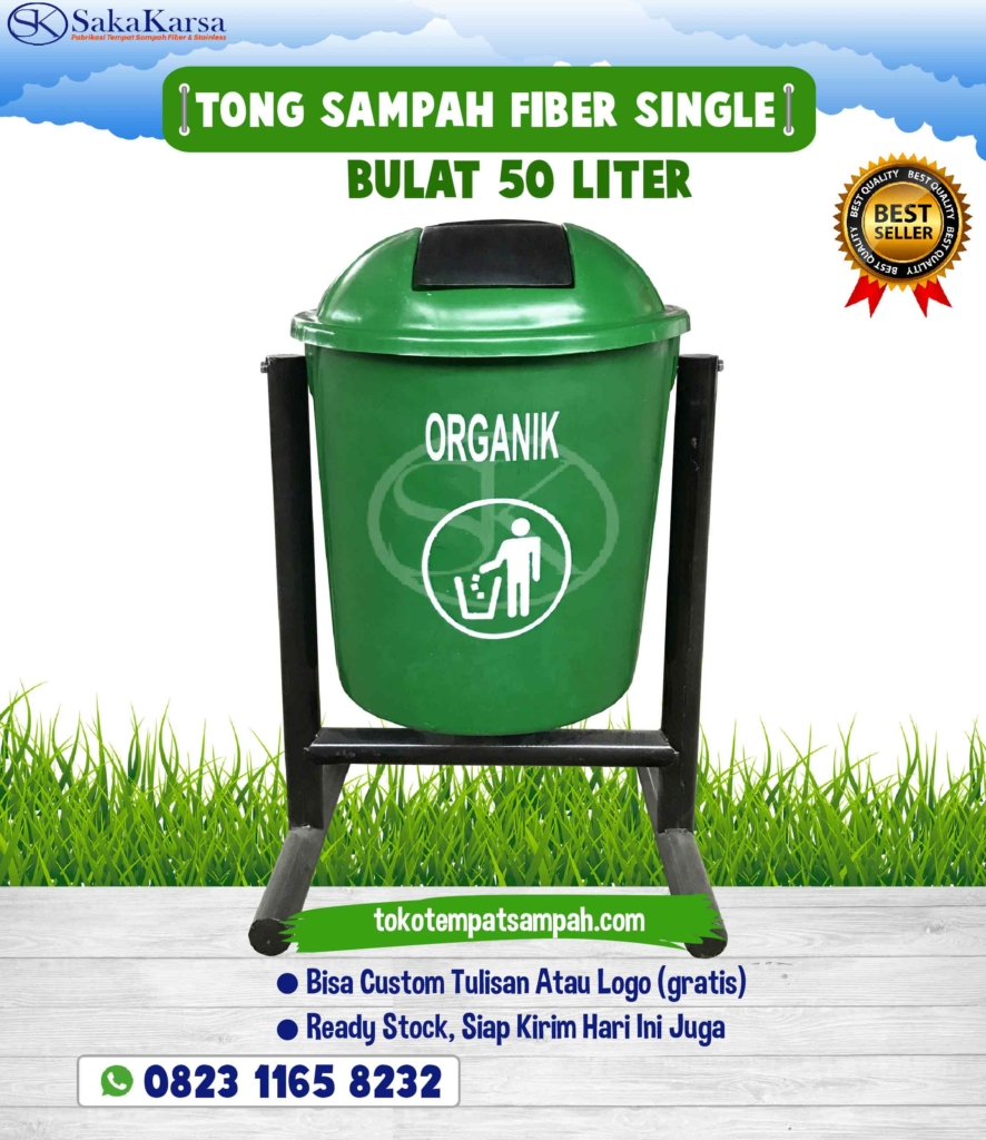 tong sampah fiber single 50 liter, tong sampah fiberglass, tempat sampah fiber,