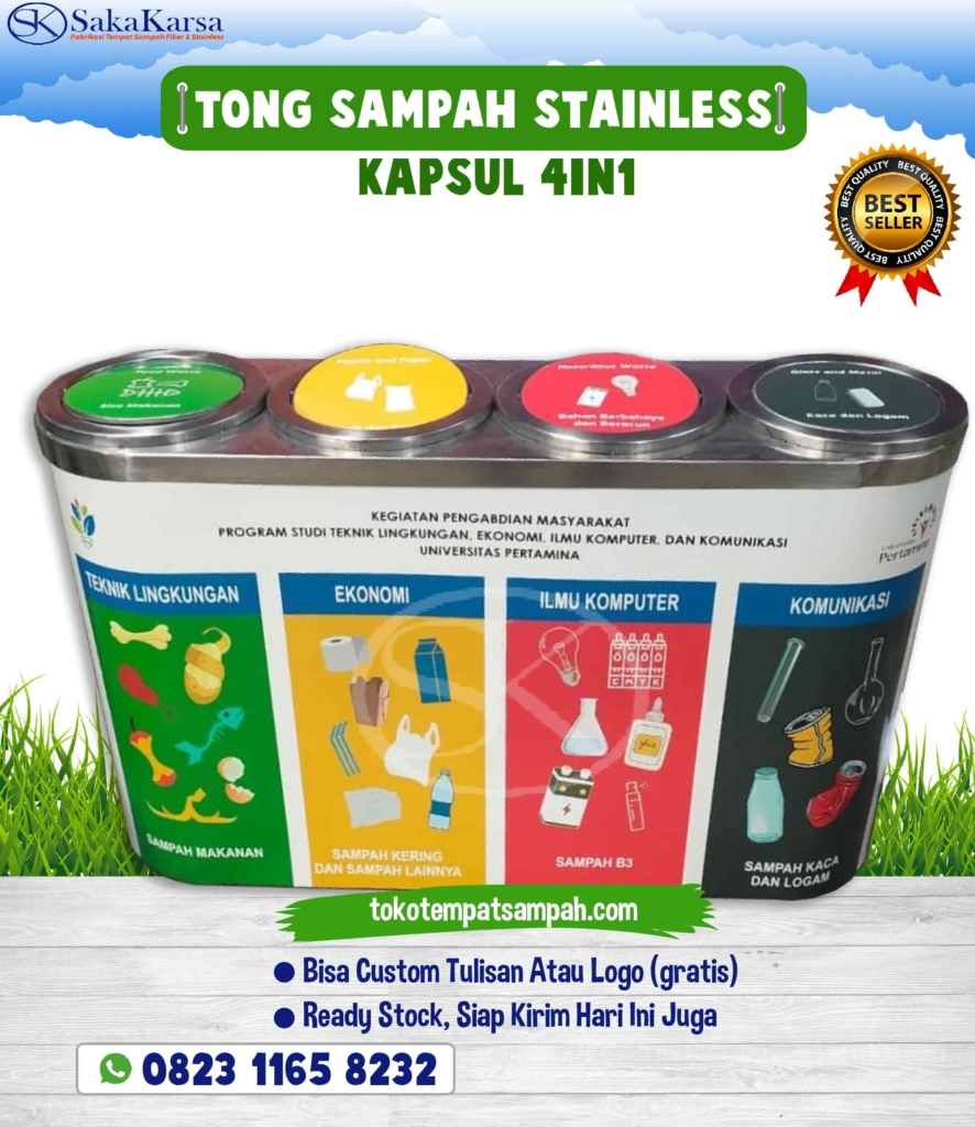 tempat sampah stainless kapsul, tong sampah stainless 4in1, tong sampah stainless 4 pilah,